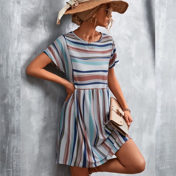 Naisten lyhythihainen mekko printed pyöreäkaula-aukolla casual tyyli väljä mekko kesän Khaki L