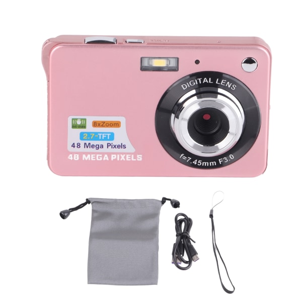 Pink 4K digitalkamera - 48 MP, 2,7 tommer LCD-skærm, 8x zoom, Anti Shake, Vlogging og fotografering, Kontinuerlig optagelse