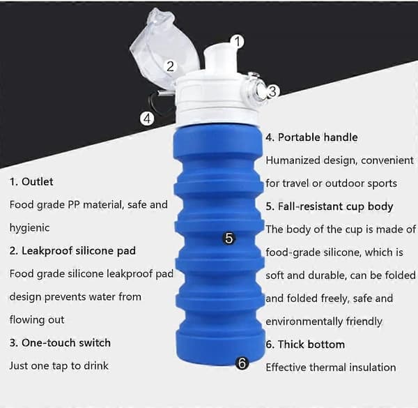 Portable Silicone Foldable Travel Water Bottle, Telescopic Extendable Drinking Water Container With Leak-Proof Lid