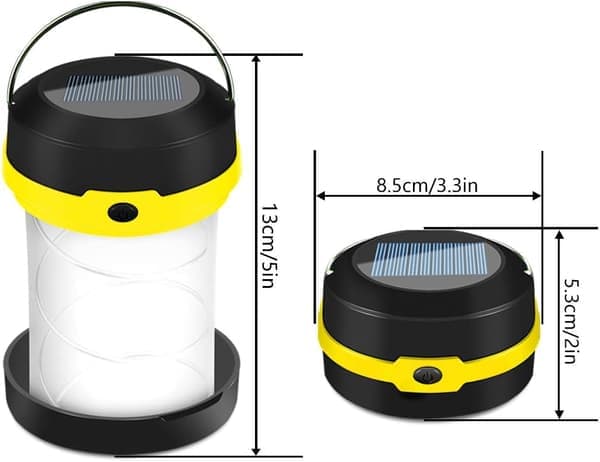 Gul - 1 sammenleggbar campinglykt, 2 solcelle- og USB-lademuligheter, 3 lysmoduser, sammenleggbar campinglykt og krok, egnet for camping