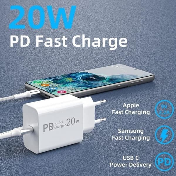 20W USB-C-lader for Samsung S21 S20 Plus Ultra FE A51 A71 A52 A32 A42 5G A12 A02S M12 A22 A82, Galaxy Note 20 10 9, PD hurtiglading[1322]