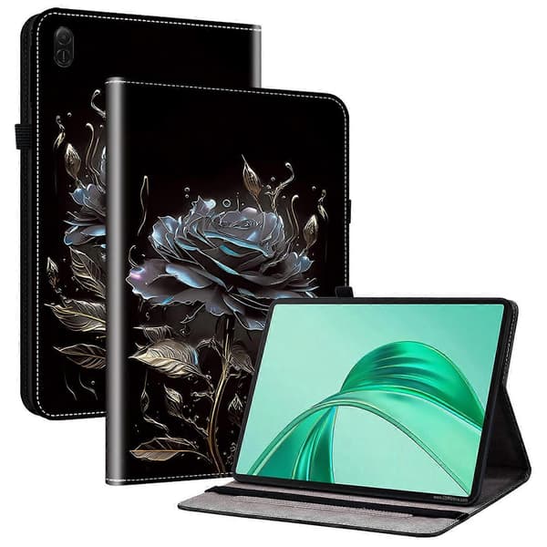 For Honor Pad X8a Leather Case Pattern Printed Stand Tablet Protection with Card Slot - Black Rose