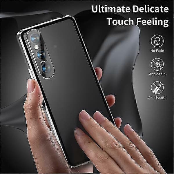 Xperia 1 V Magnetfodral - Metallram Härdat Glas Framsida, Klar PC Baksida, Skydd & Stil Silver