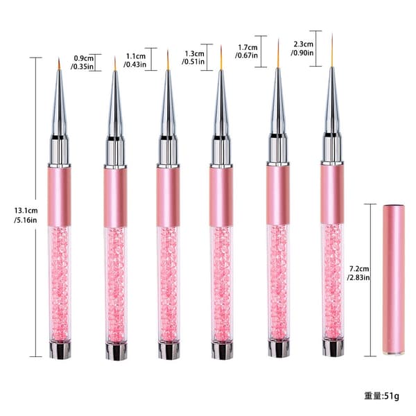 5 PCS Nail Art Liner Brushes Long Set with Cap and Diamond Handle 7/9/11/15/20mm Pink