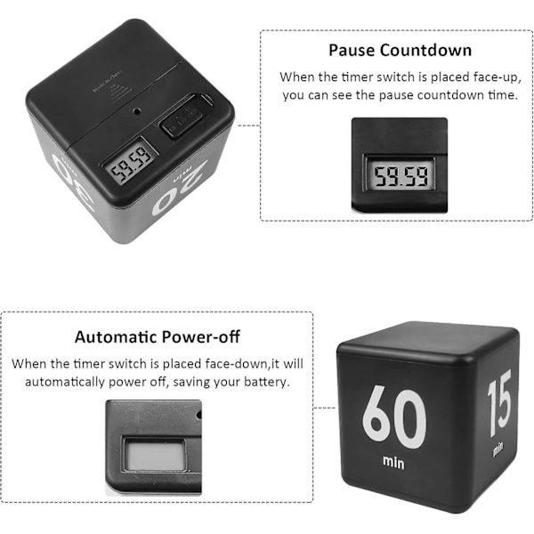 Smart kjøkkenur med gravitasjonssensor, nedtellingsinnstillinger og barnetimer - 15-20-30-60 minutter (svart)