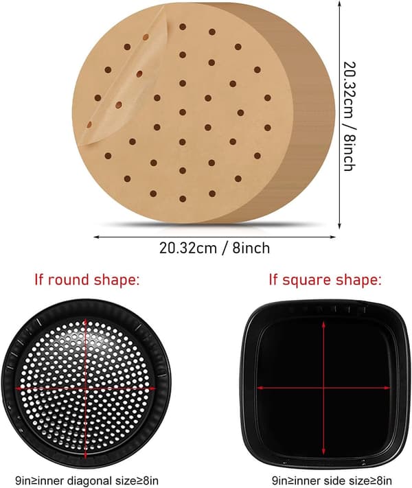 100 ark 20 cm perforert bakepapir for frityrkoker, dampkoker, non-stick bakepapir