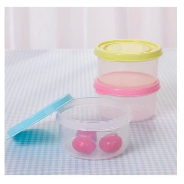 Set med 9 små förvaringsbehållare med plastlock - Gul, Blå, Rosa - 160 ml - Stapelbara