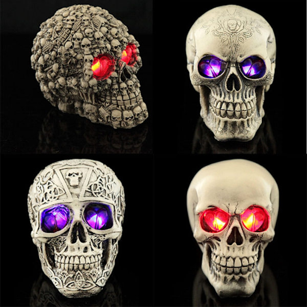 Halloween-luurankopääpatsas LED-valoilla Uutuus Hartsi Luurankopääpatsas Kummitustalon rekvisiitta Pöytälevy Pöytä Kotitoimiston sisustus