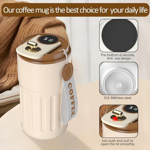 Kaffekopp Resemugg, 316 Rostfritt Stål Vakuumisolerad Kopp, LED Touch Screen Termometer, Smart Kopp Förseglad Flaska 410ml (Brun) brown