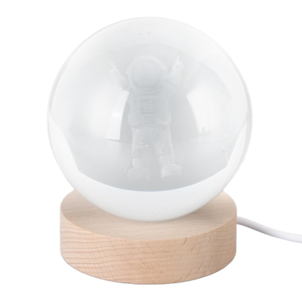 LED Natlampe Krystalkugle med USB Træbase 3D Inter Carving Ornament Natlampe til Hjemmedekoration Lille Astronaut Hvidt Lys