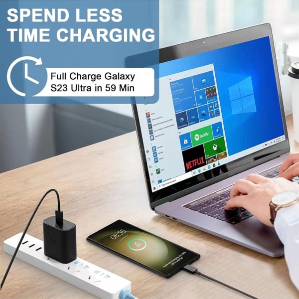 Hurtiglader 45W for Samsung USB-C med 1 meter datakabel + laderhode hvit 45W