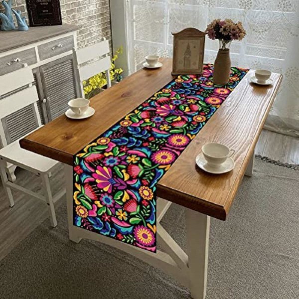 Kesäpöytäjalka 33 x 180 cm (värikkäät kukat), säkkikangaspöytäjalka, hääkoristelu, kesä, syksy, festivaali, ulkobileet