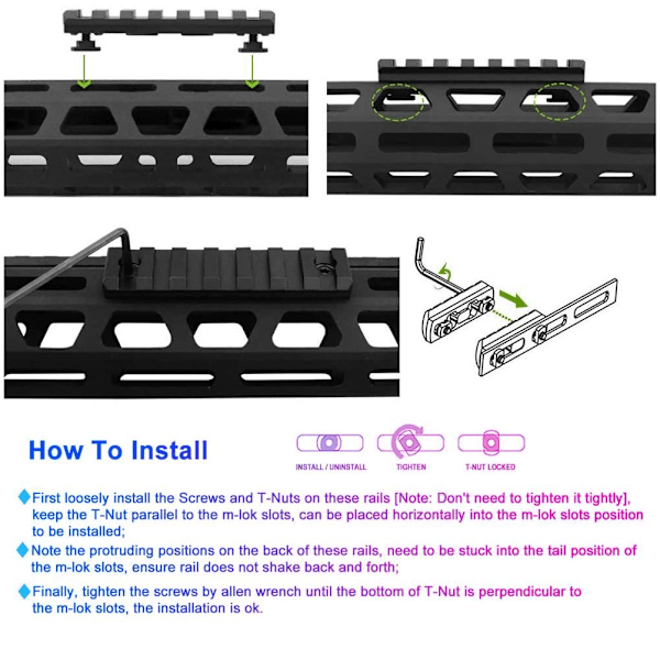 5 spor 65 mm 7 spor 85 mm 9 spor 105 mm 11 spor 124 mm 13 spor 144 mm Nylon M-Lok Picatinny-skinne Sett med innestingnøkkel