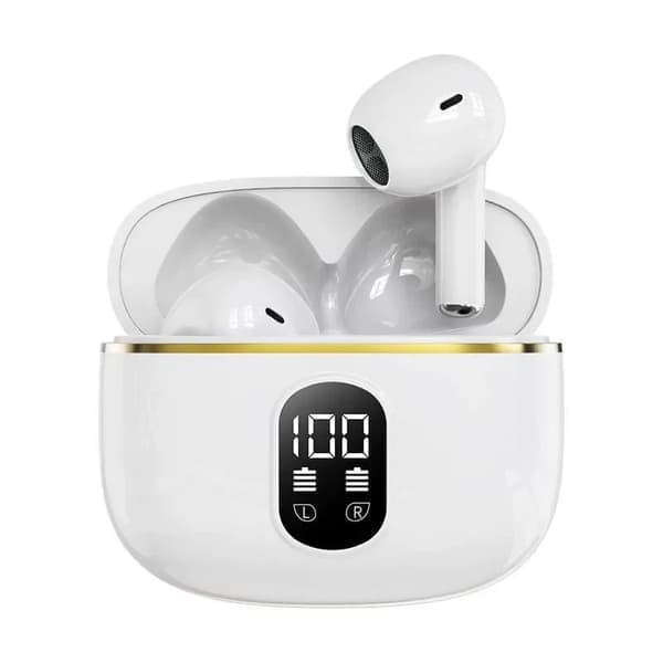 TWS trådløse in-ear hodetelefoner ENC, Bluetooth 5.3, LCD-skjerm og berøringskontroller Hvit