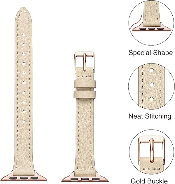 Leather Bracelet Compatible with Apple Watch 41mm 40mm 38mm, Slim Thin Leather Replacement Strap, for Women Men Beige&Rose Gold