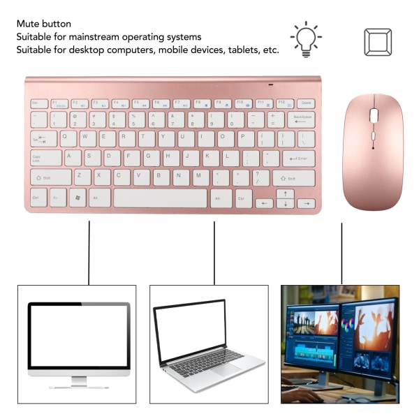 Sett med trådløst tastatur og mus - 78 taster, USB, tynne etsede tastaturer, ergonomisk design, mute-knapp, rosegull