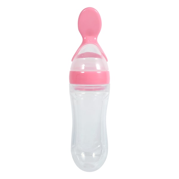 90mL Silicone Baby Toddler Feeding Bottle with Spoon Fresh Food Cereal Squeeze Feeder (Pink)