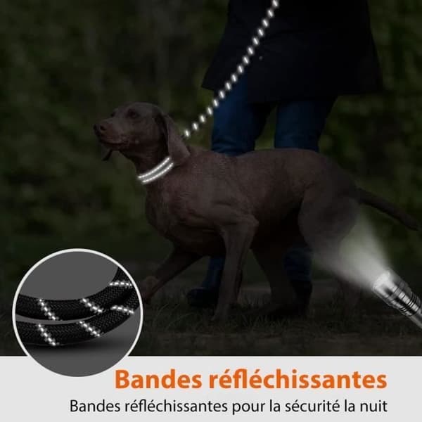 Hundebånd - 2m tau - Polstret håndtak - Reflekterende - Svart