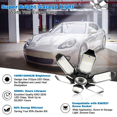 Garagelys - 32000LM LED Garagelofterlys 6500K Dagslys | Superklart LED Værkstedlys med 6 Deformerbare Paneler Skrues i E26/E27 Pære 200W - 4Pack
