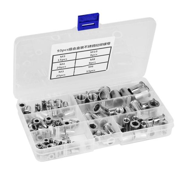 93 kpl kierteinen insertti 1 laatikko M3, M4, M5, M6, M8, M10 304 ruostumaton teräs sokea niitti mutteri sarja
