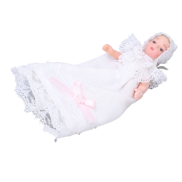 Mini keramisk babydukke 1/12 bevægelig bøjelig miniature babydukkemodel med kjole til dukkehustilbehør