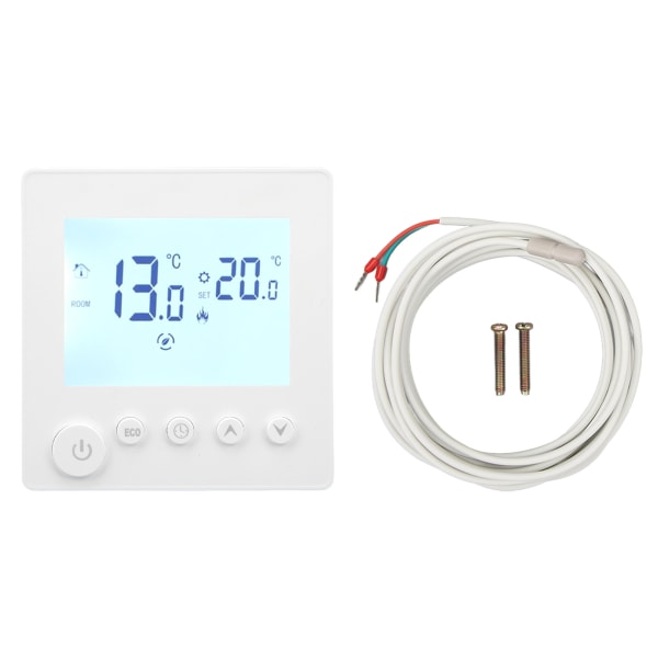 Programmerbar digital termostat til elvarme - 16A AC 90-240V - 3m sensor - Hvid - 1 stk.