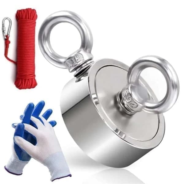 Neodymiummagnet, fiskemagnet 150 kg, 10 meter rep & skyddshandskar silver