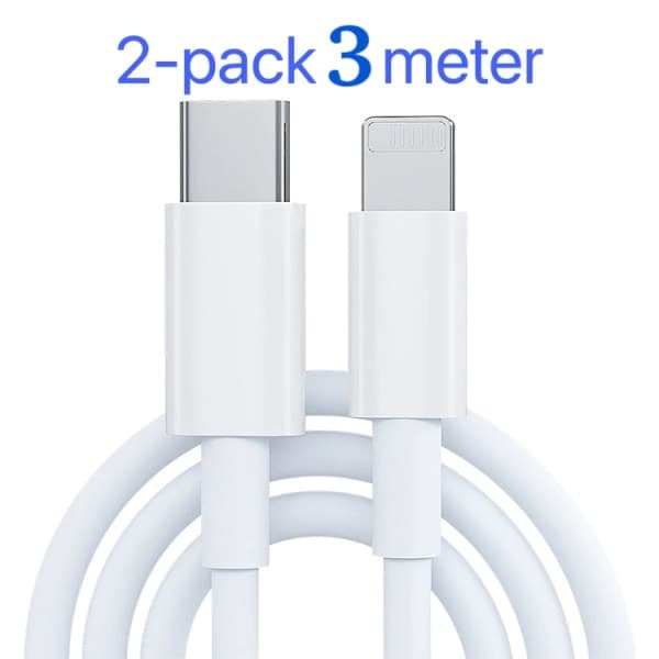 2-pakning Lader for iPhone - USB-C - Kabel / Ledning - 20W - 3m - Hurtiglader Hvit