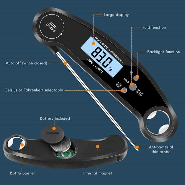 Digital Meat Thermometer, Fast Read Food Thermometer with Backlit LCD Screen, Foldable Long Probe & Auto On/Off (Black)