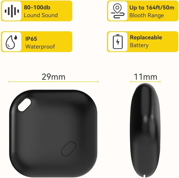 Key and Wallet Locator, Works with Apple Find My (iOS only), Replaceable Battery, Waterproof, Bluetooth Item Finder (Black, 2-pack)