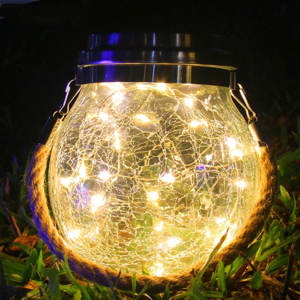 Sprekkete glass solcellelykt 30 LED-er vanntett utendørs solhengende krukkelys for uteplass gårdsplass festival dekket (varm hvit)