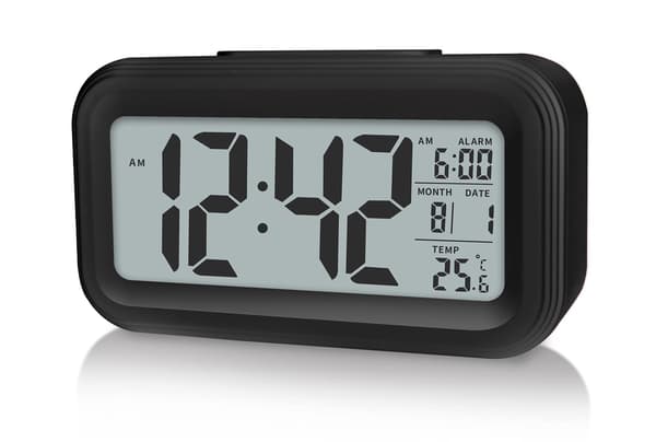 Digital vekkerklokke med innetemperatur, slumrefunksjon, 12/24t, batteri