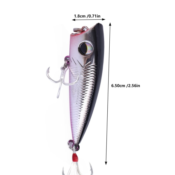 Keinotekoisen kalastuksen kova syötti, kolmikoukku, kelluva popper-kalastusuistimien lisävaruste (hopea+musta)