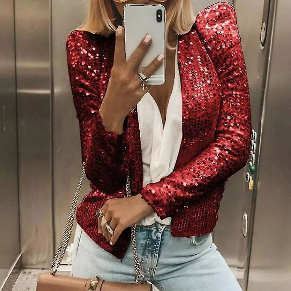 Rød Sequin Åben Front Dame Cardigan Jakke - Casual Langærmet Frakke (Størrelse 3XL)