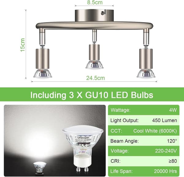 3-way LED Ceiling Light Rotatable Matt Nickel & Swivel Design, Including 3 Bulbs [Energy Class E]
