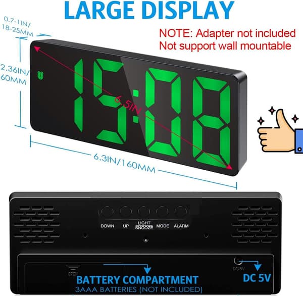 LED skrivebordsur med temperatur, justerbar lysstyrke, ingen AC-adapter