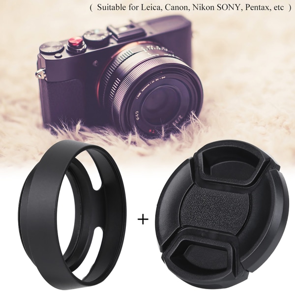 43 mm musta metallisuoja ja muovinen linssin cap Leica-valokuvaustarvikkeille