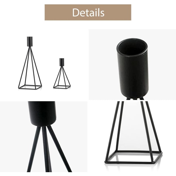 Musta-setti, jossa on 2 mustaa metallista geometrista kynttilänjalkaa, erikokoisia kynttilänjalkoja, vintage hääpöytäkoristekynttilänjalka (2)