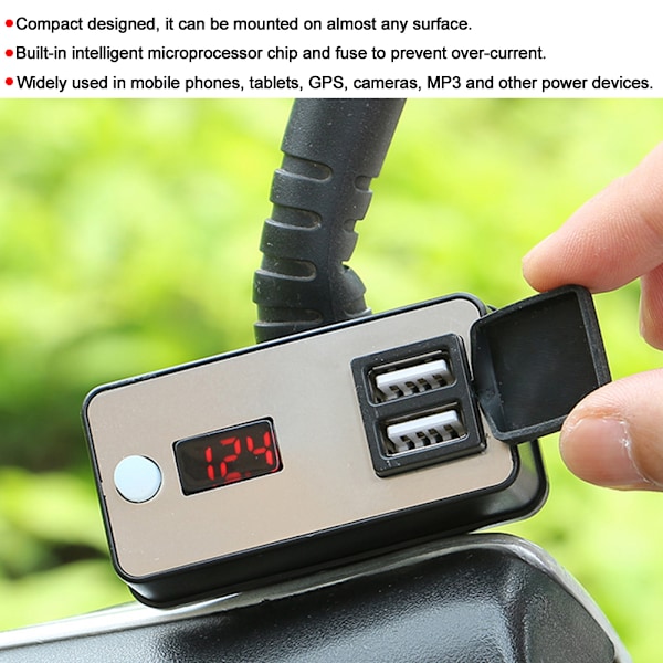 12V Motorsykkel Dobbel USB-lader Digital Display Universal Vanntett Strømforsyning for Telefoner, Tablet, GPS
