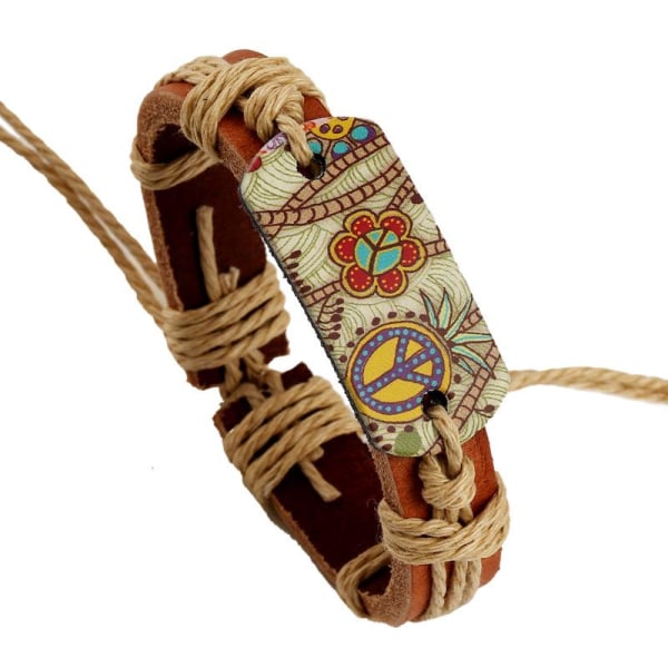 Flettet okselæderarmbånd med snor, vintage design, jule-, ferie- eller fødselsdagsgave, læderarmbånd med fredstegn