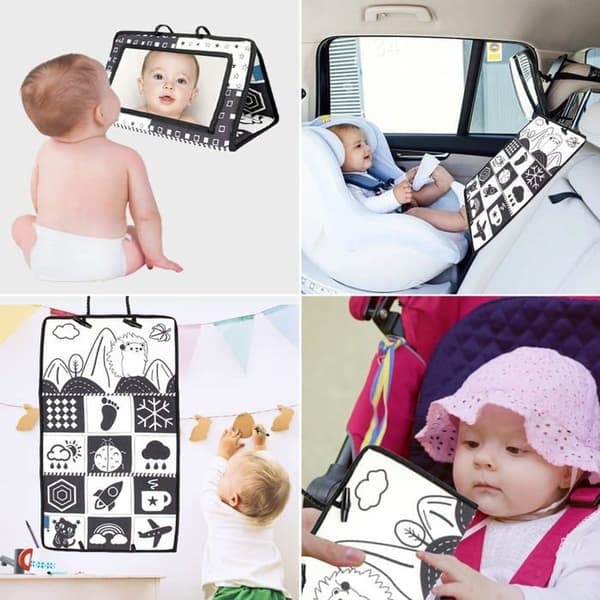 Foldbart Montessori-babyspejl med knitrebog, sort-hvidt sanselegetøj