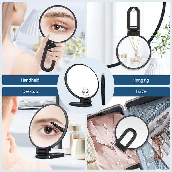 Dobbeltsidet makeup-spejl (1X/30X), foldbart og bærbart, praktisk til præcis makeup-påføring når som helst, hvor som helst - mat sort Black