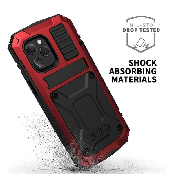 iPhone 12 Mini R-JUST -iskunkestävä, vedenpitävä, pölytiivis metalli- + silikonisuojakotelo pidikkeellä Red