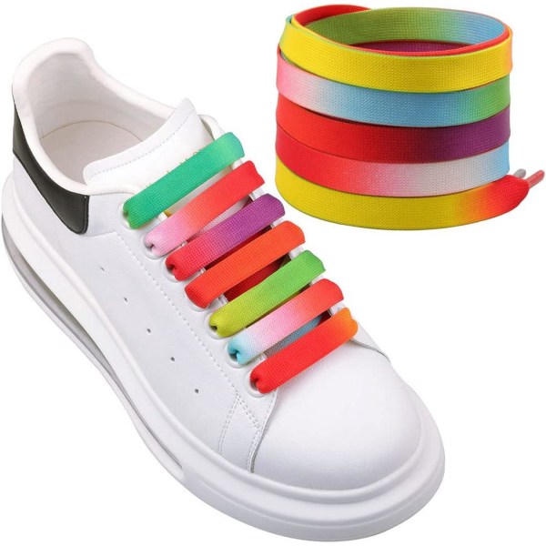 2 paria litteitä kengännauhoja urheilukenkiin, 12 mm korvaavat kestävät värikkäät sateenkaaren kengännauhat