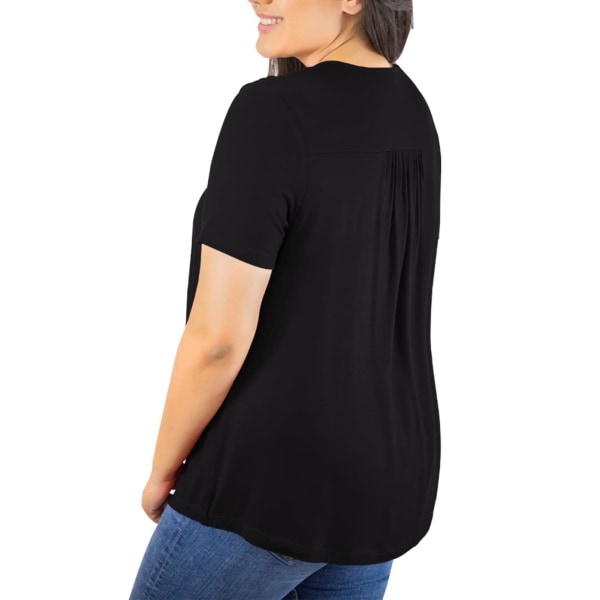 Kvinder kortærmet t-shirt blonder hæklet krave plisseret ryg ren farve sommertop til daglig brug sort XXXL