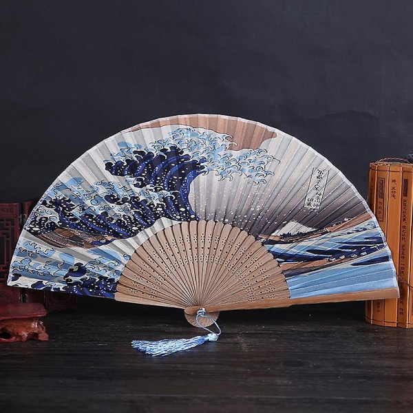 Foldeblæser i silke med japansk Kanagawa Waves-design