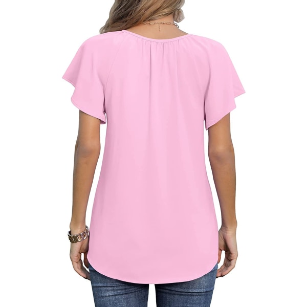 Kvinna Casual Chiffongtopp printed V-hals Kortärmad blusskjorta med dragsko för sommaren Rosa L