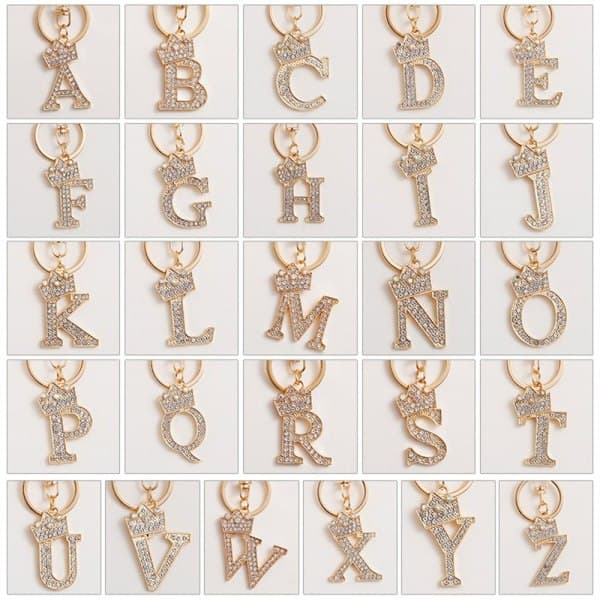 Luksus Krone Bogstav Metal Nøglering Rhinestone Initial Nøglering EE