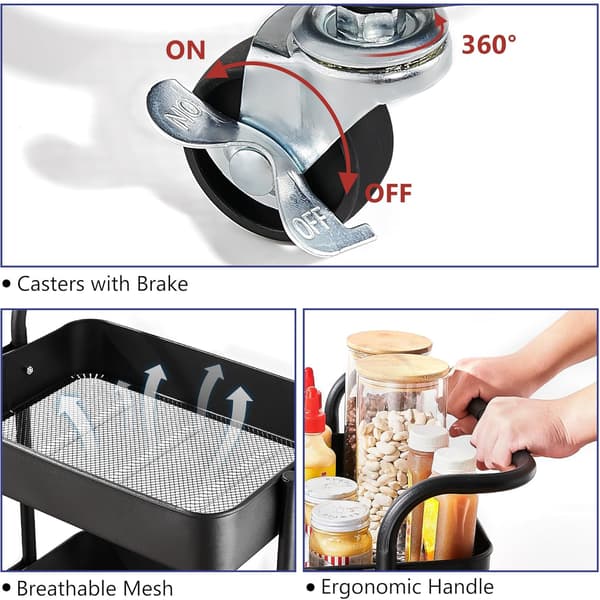 Kitchen Trolley Kitchen Shelf, with Handle and Lockable Wheels, Suitable for Bathroom and Kitchen, Black