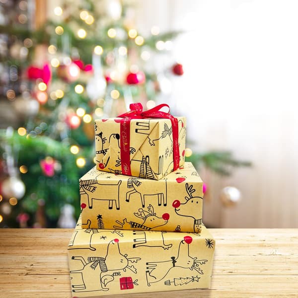 Julklappspapper för presentinslagning - Tryckt kraftpapper rulle med festlig ren-design 43cm x 15m